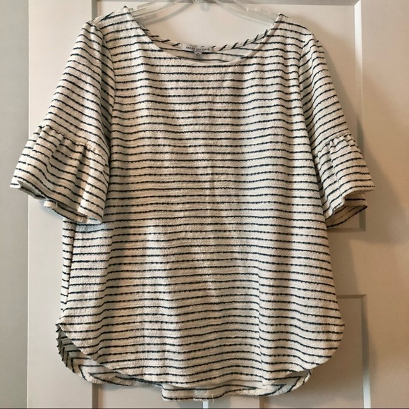 Green Envelope Tops - Green Envelope Cream & Olive Striped Ruffle Sleeve Blouse Size 1X
